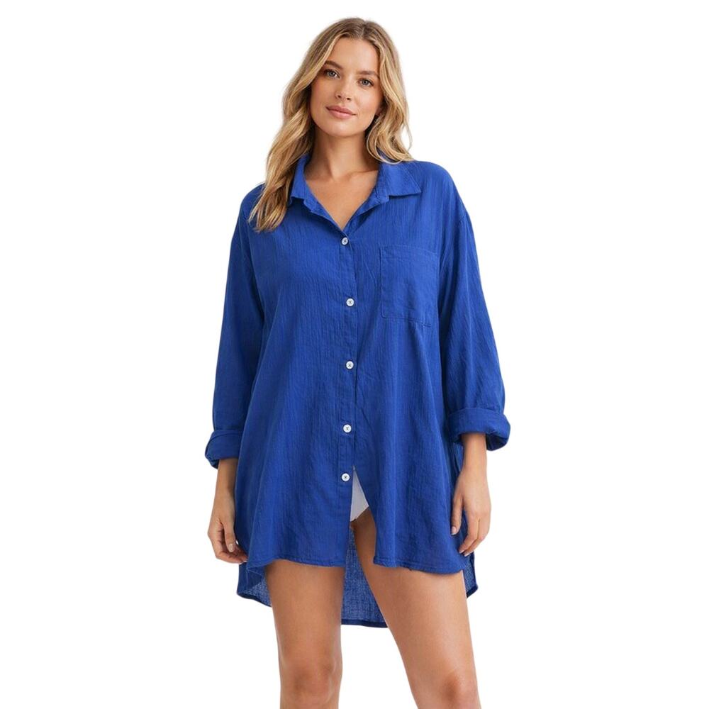 Sonnet Shores Royal Blue Button Down Long Sleeve Beach Coverup Women's XXL